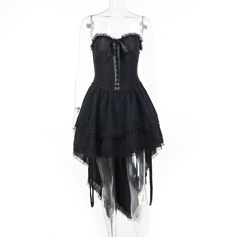 Strapless Plain Bow Lace Trim High Low A-Line Corset Dress Product Image