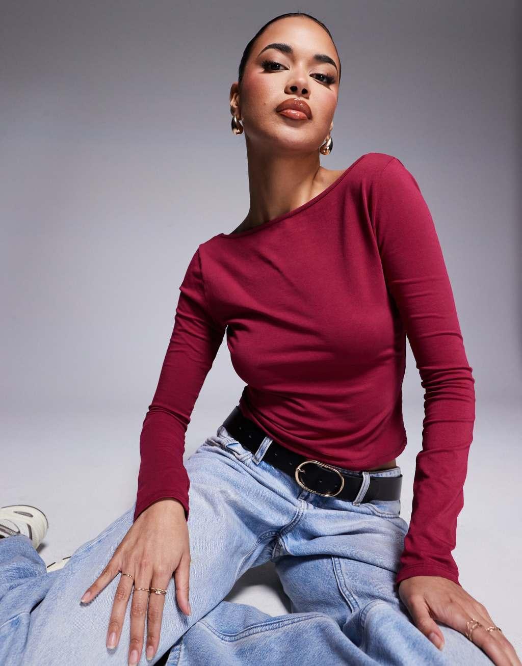 ASOS DESIGN acid wash v back slash neck top in burgundy Product Image