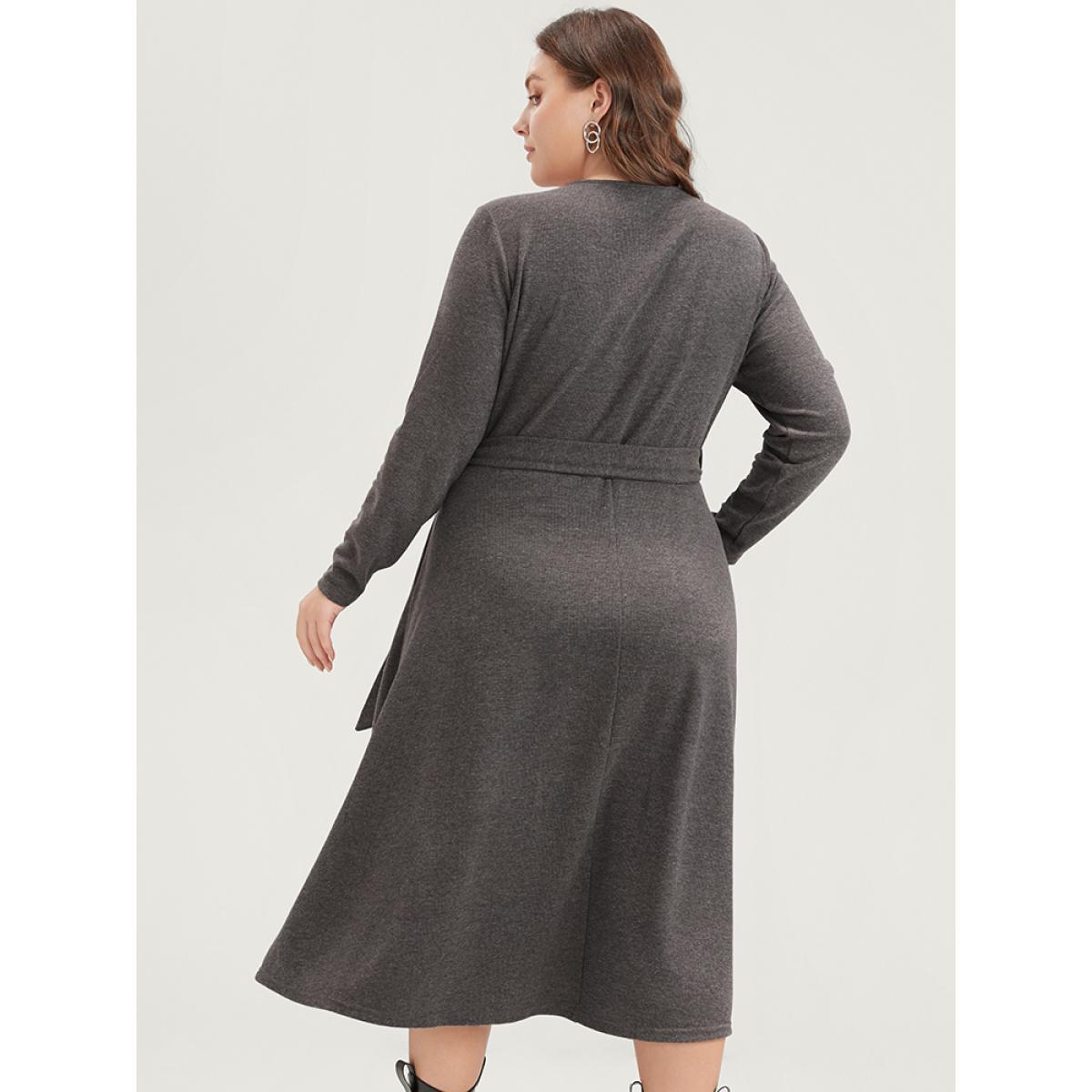 Plus Size Solid Pocket Button Up Belted Rib Knit Dress DarkGray Women Elegant Button V-neck Long Sleeve Curvy Midi Dress BloomChic 30/6X Product Image