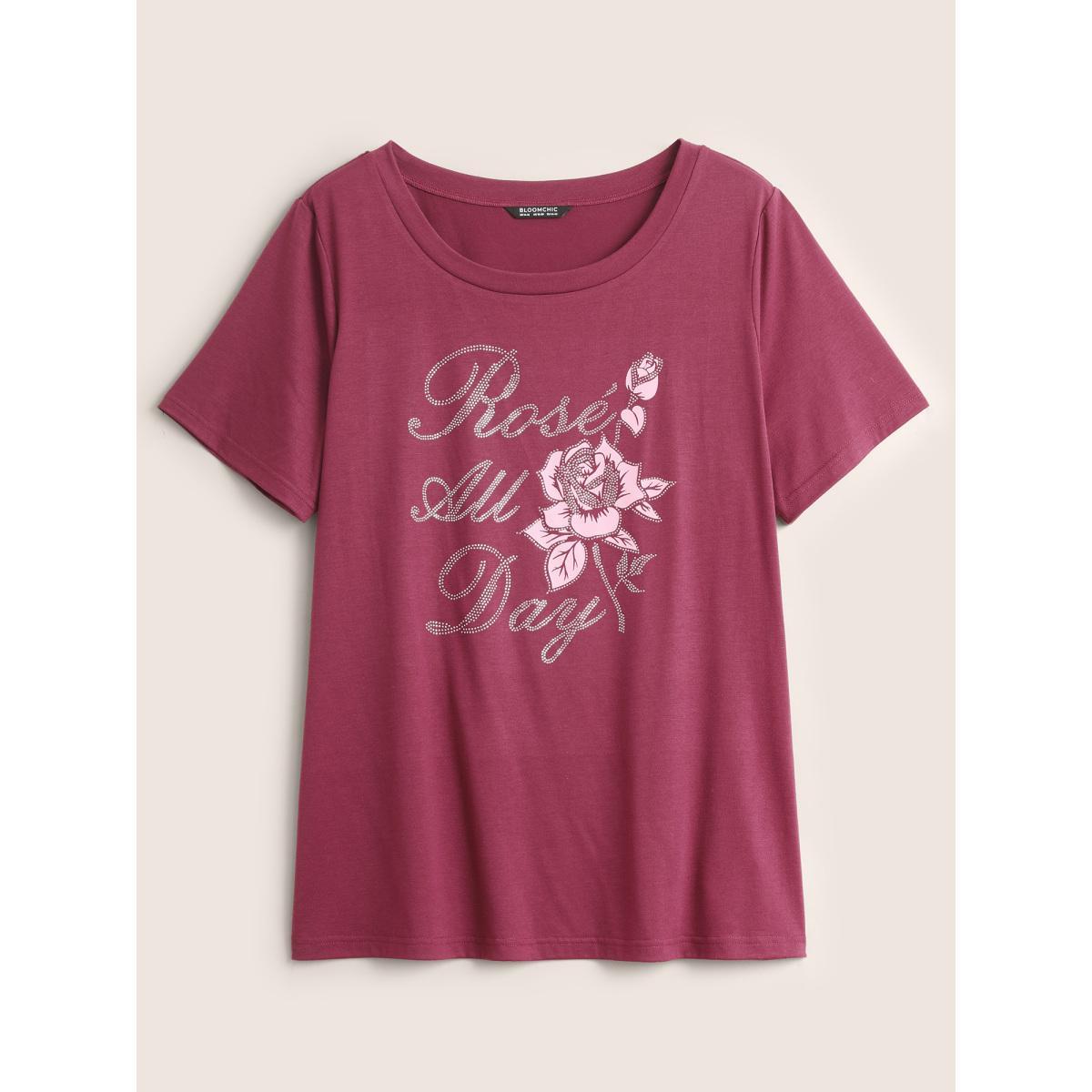 Plus Size Natural Flowers Rhinestone Round Neck T-shirt RedViolet Women Elegant Natural Flowers Everyday T-shirts BloomChic 28/5X Product Image