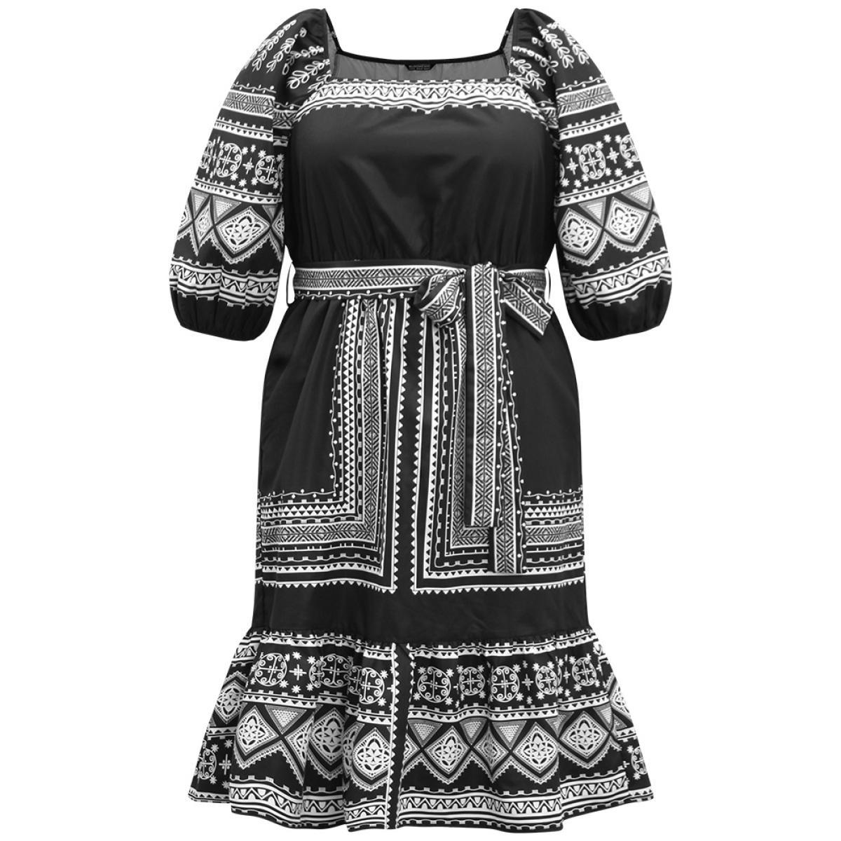 Plus Size Boho Print Square Neck Belted Dress Black Women Vacation Elastic cuffs Square Neck Elbow-length sleeve Curvy Midi Dress BloomChic 18-20/2X Product Image