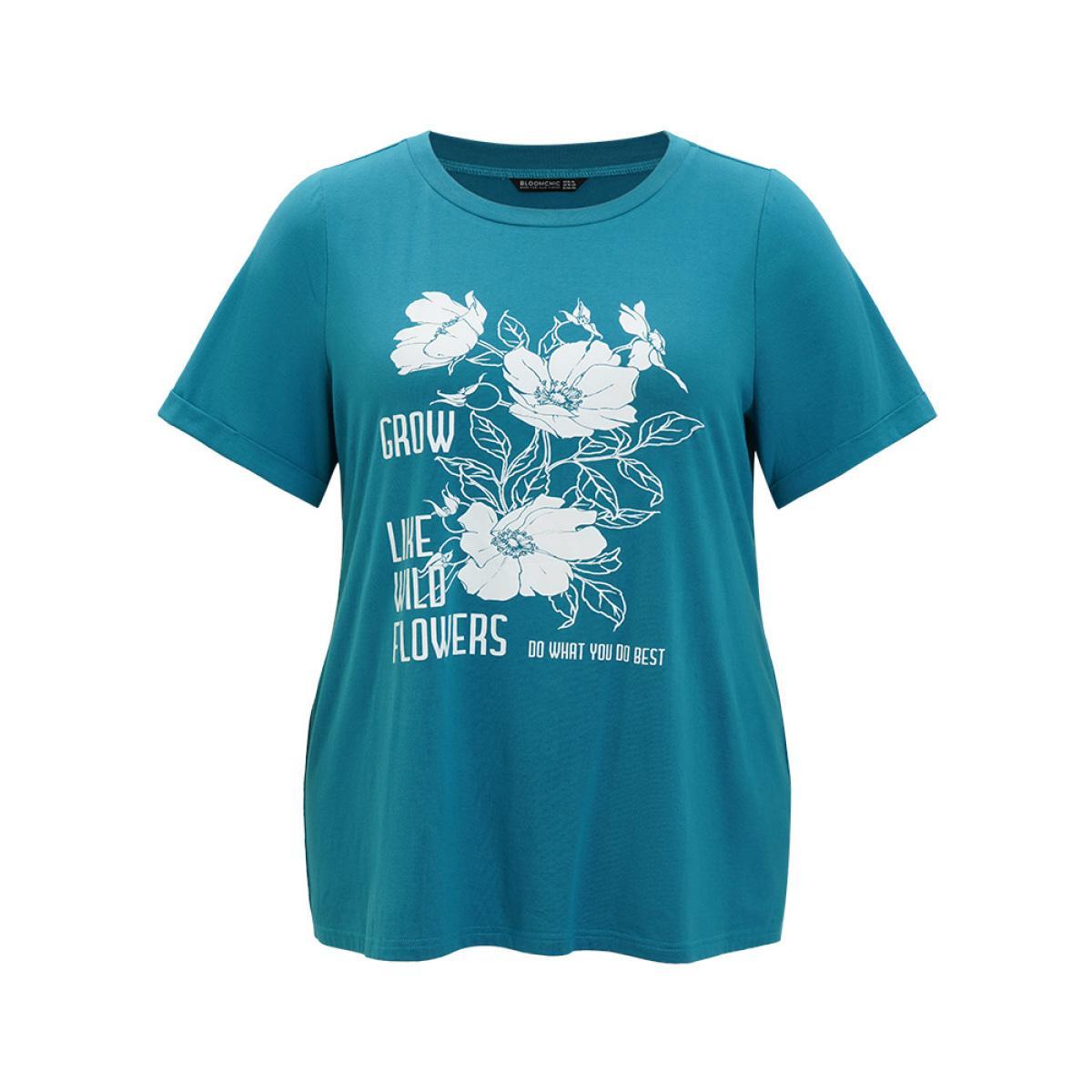 Plus Size Floral & Letter Roll Sleeve T-shirt Cerulean Women Casual Printed Natural Flowers Dailywear T-shirts BloomChic 18-20/2X Product Image