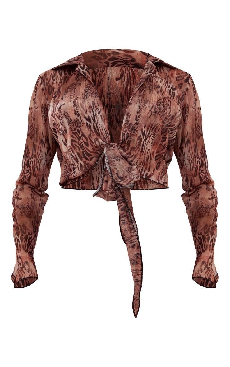Brown Abstract Print Plunge Tie Front Long Sleeve Shirt Product Image