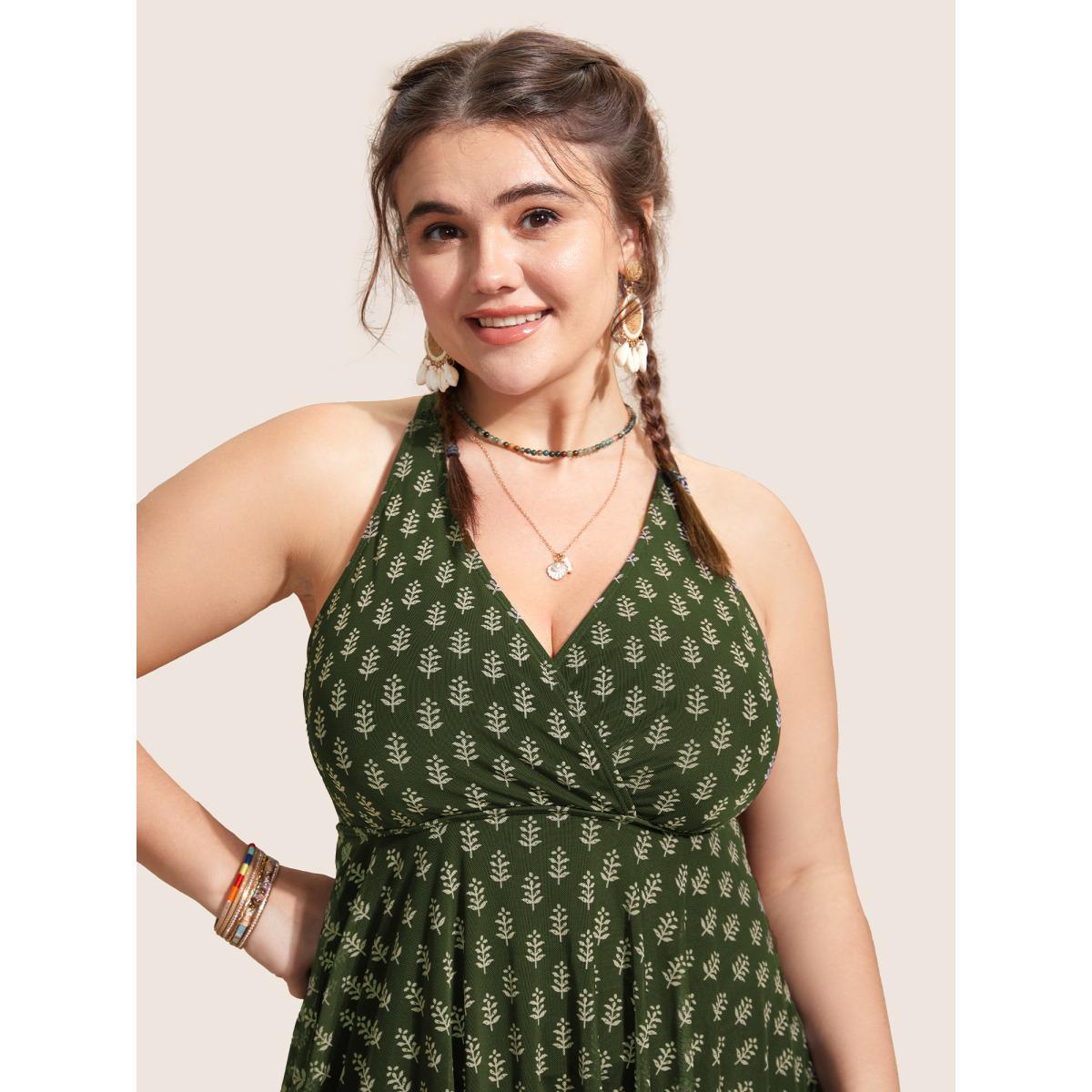 Plus Size Overlap Collar Boho Print Patchwork Swim Dress Women's Swimwear ArmyGreen Beach Bodycon Overlap Collar High stretch Curve Swim Dresses BloomChic 12/L Product Image