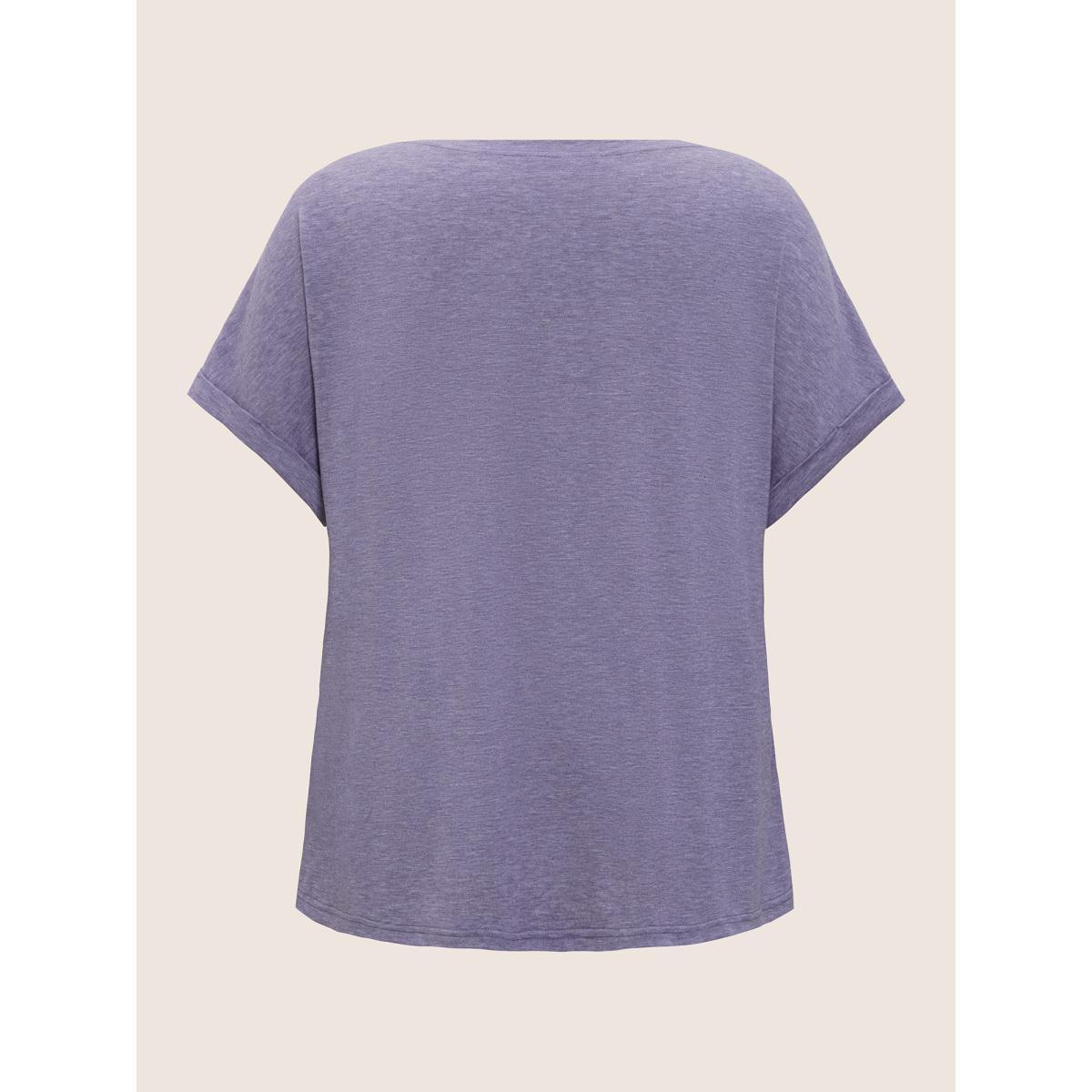 Plus Size Plain Button Detail Batwing Sleeve T-shirt Mauve Women Casual Plain V-neck Everyday T-shirts BloomChic 14-16/1X Product Image