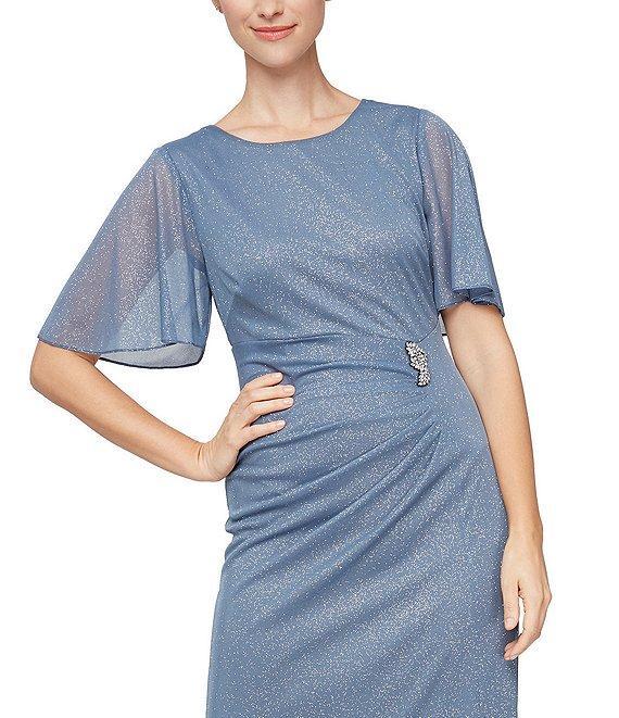 Ignite Evenings Glitter Mesh Ruched Embellished Waist Crew Neck Short Flutter Sleeve Sheath Gown Product Image