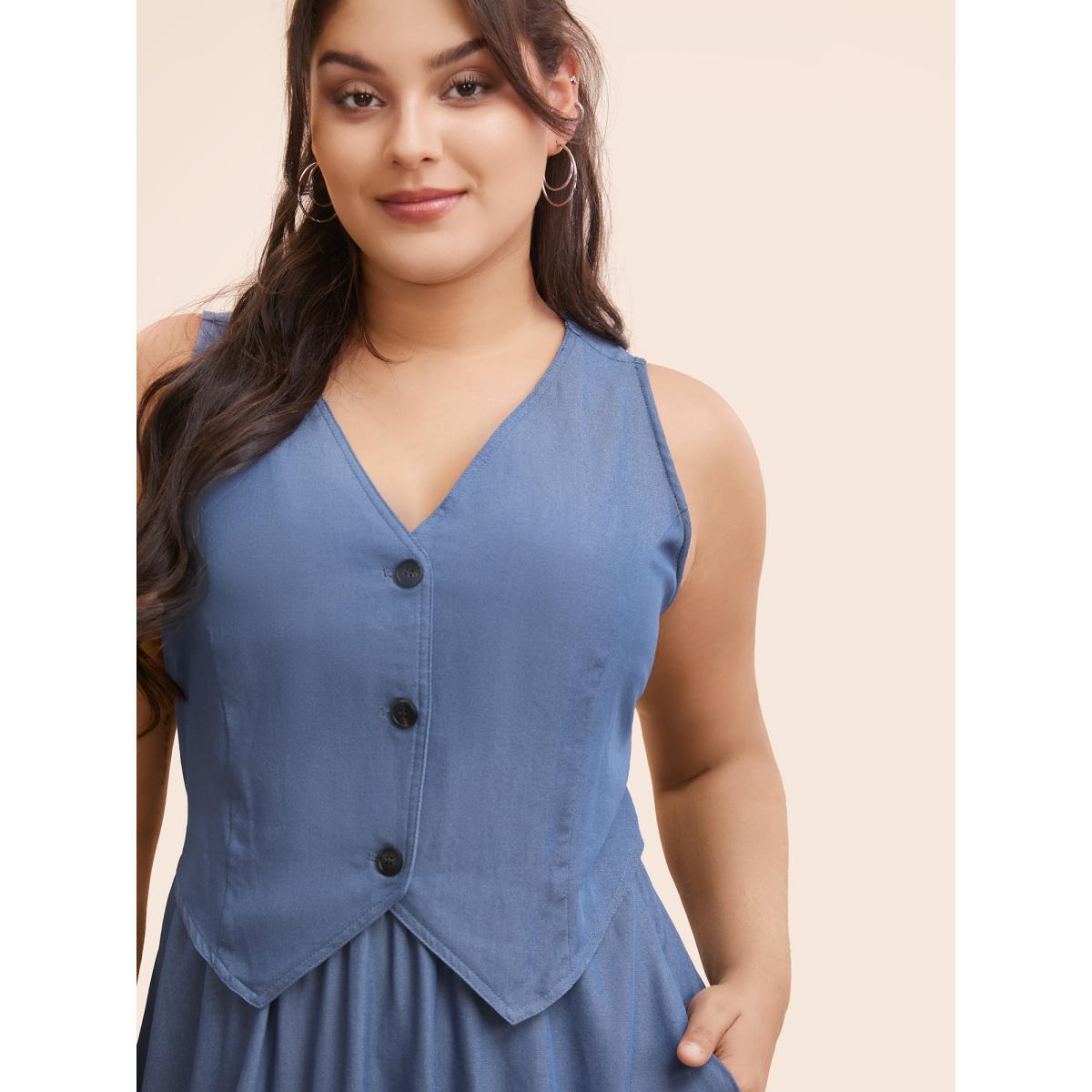 Plus Size V Neck 2 In 1 Bodycon Dress DarkBlue Women Casual Button V-neck Sleeveless Curvy BloomChic 18-20/2X Product Image