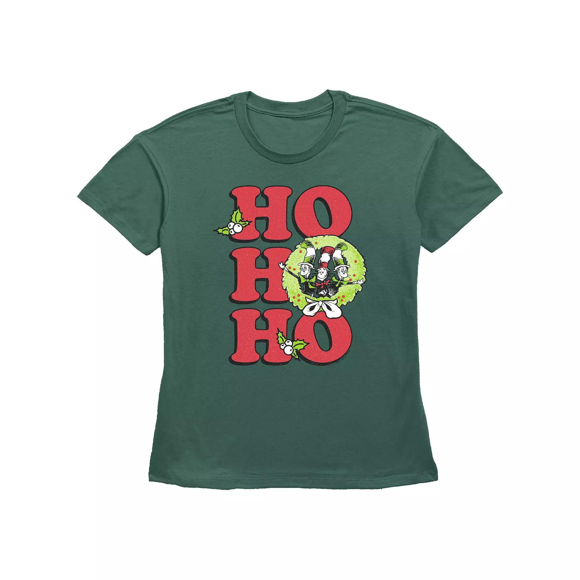 Women's Dr. Seuss The Cat In The Hat Christmas Wreath Ho Ho Ho Graphic Tee, Size: XL, Green Product Image