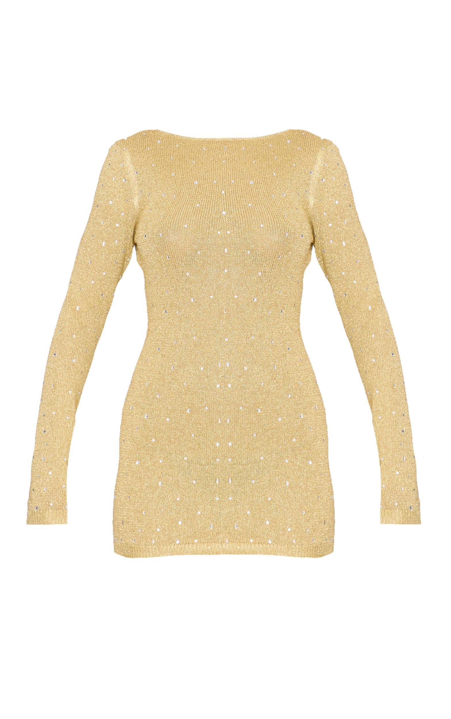 Gold Lurex Knit Gem Detail Open Back Mini Dress Product Image