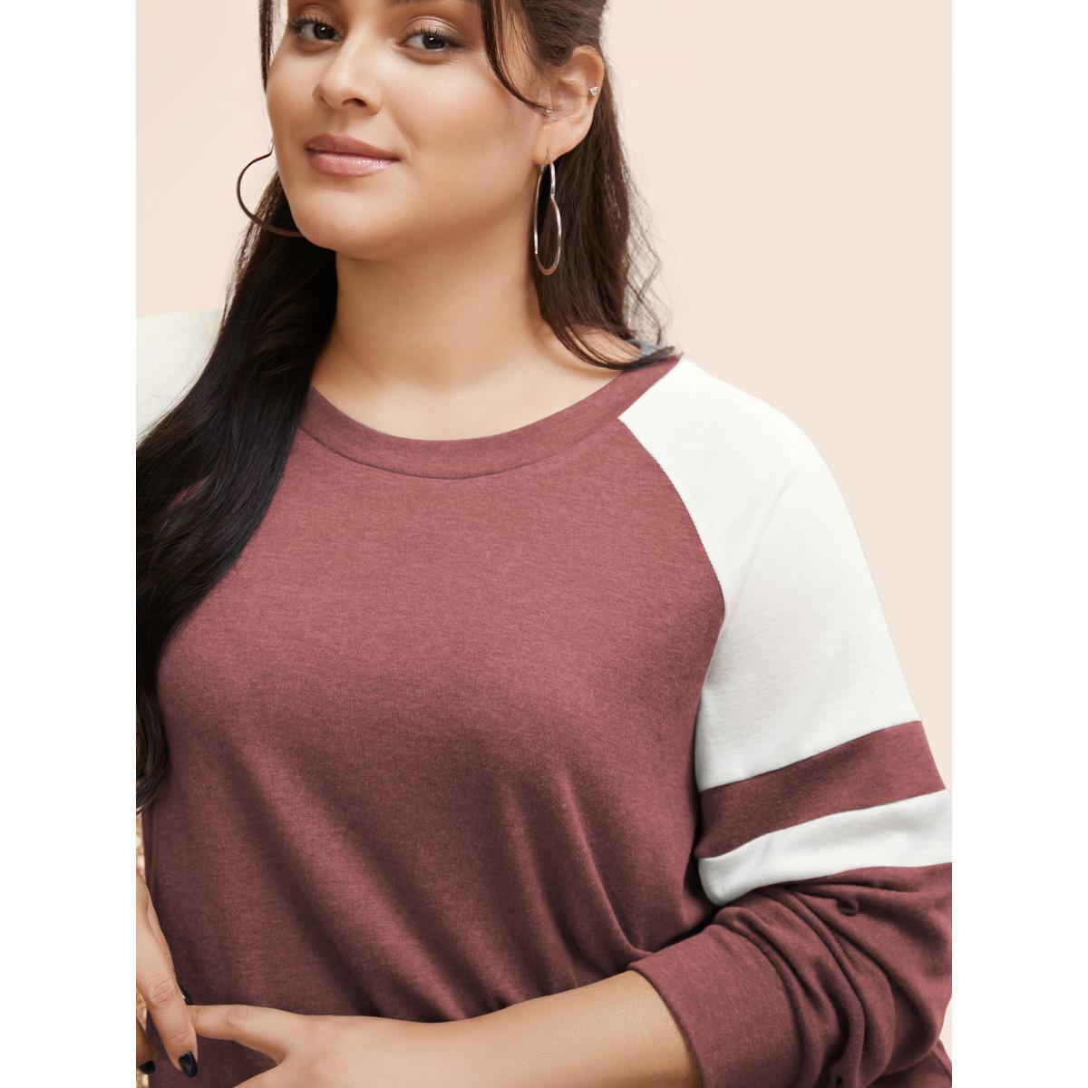 Plus Size Colorblock Contrast Stitch Raglan Sleeve T-shirt Russet Women Casual Elastic cuffs Striped Round Neck Dailywear T-shirts BloomChic 12/L Product Image