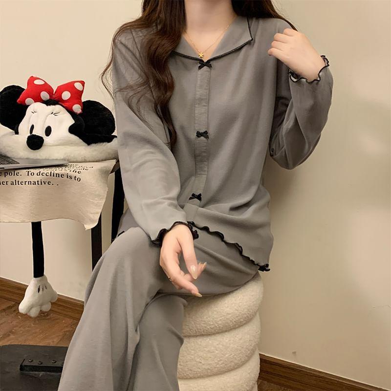 Pajama Set: Long-Sleeve Split Neck Bow Accent Contrast Trim Top + Pants Product Image