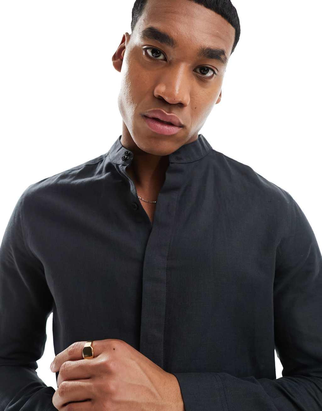 ASOS DESIGN smart linen regular shirt with deep grandad collar in black Product Image