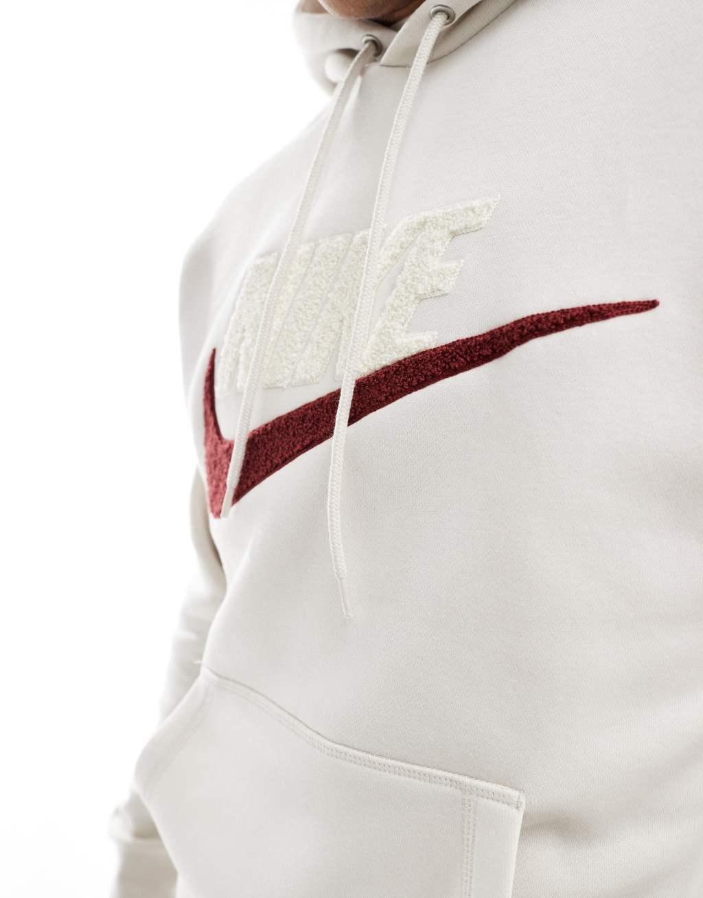 Nike Club Chenile Futura logo hoodie in off white and burgundy   Product Image