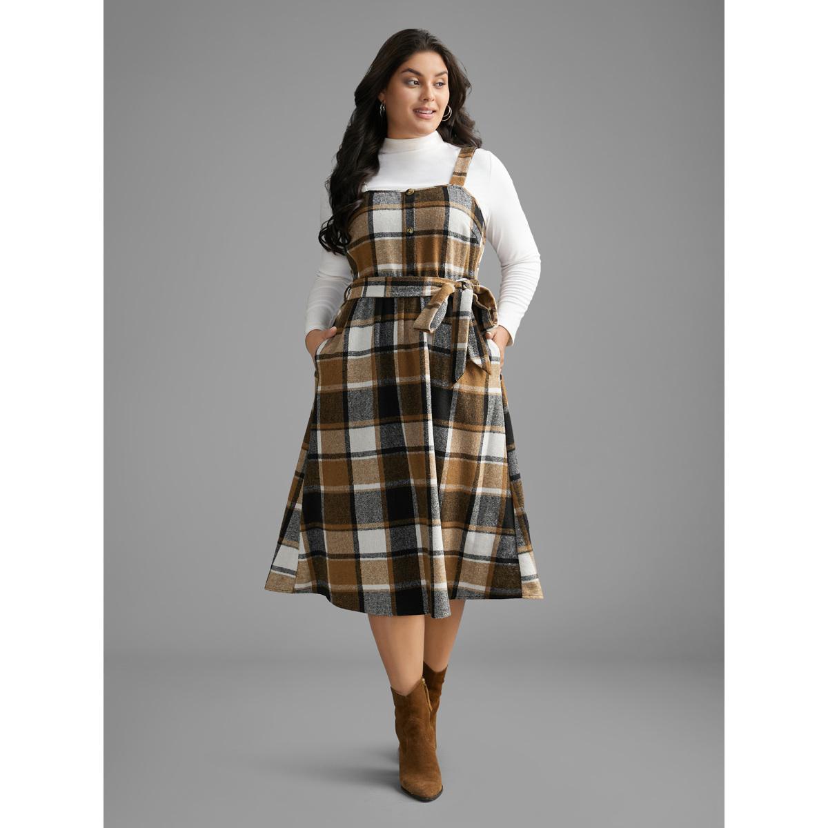 Plus Size Square Neck Plaid Button Detail Belted Dress Wheat Women Casual Belted Square Neck Sleeveless Curvy BloomChic 18-20/2X Product Image