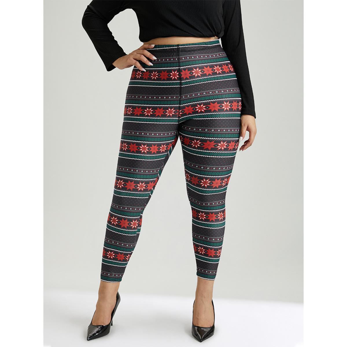 Plus Size Snowflake Striped Very Stretchy Ankle Leggings Women Black Casual High stretch Skinny High Rise Festival-Christmas Leggings BloomChic 18-20/2X Product Image