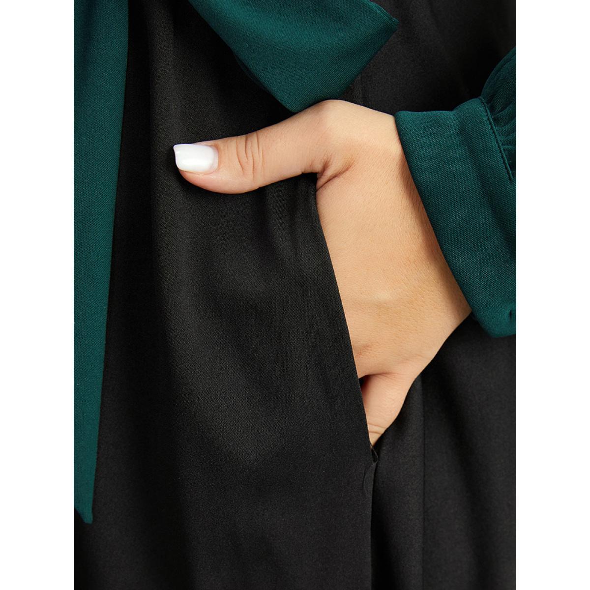 Plus Size Contrast Patchwork Bowknot Overlap Collar Dress DarkGreen Women Elegant Belted V-neck Long Sleeve Curvy Midi Dress BloomChic 12/L Product Image