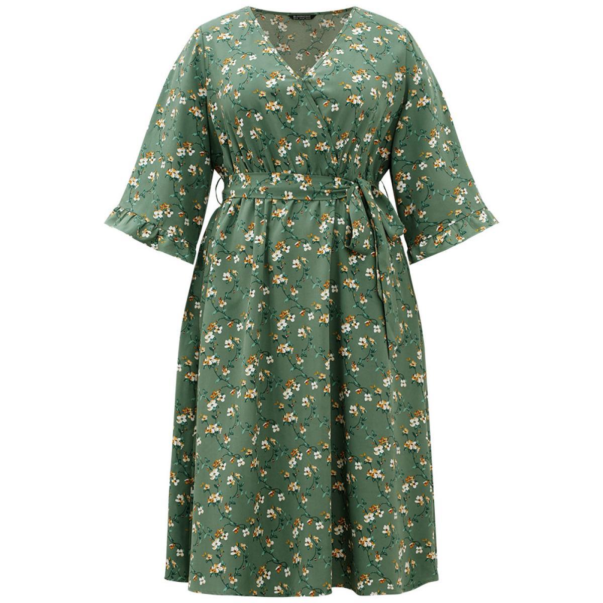 Plus Size Floral Print Surplice Neck Flutter Trim Dress Green Women Elegant Printed V-neck Elbow-length sleeve Curvy Midi Dress BloomChic 14-16/1X Product Image
