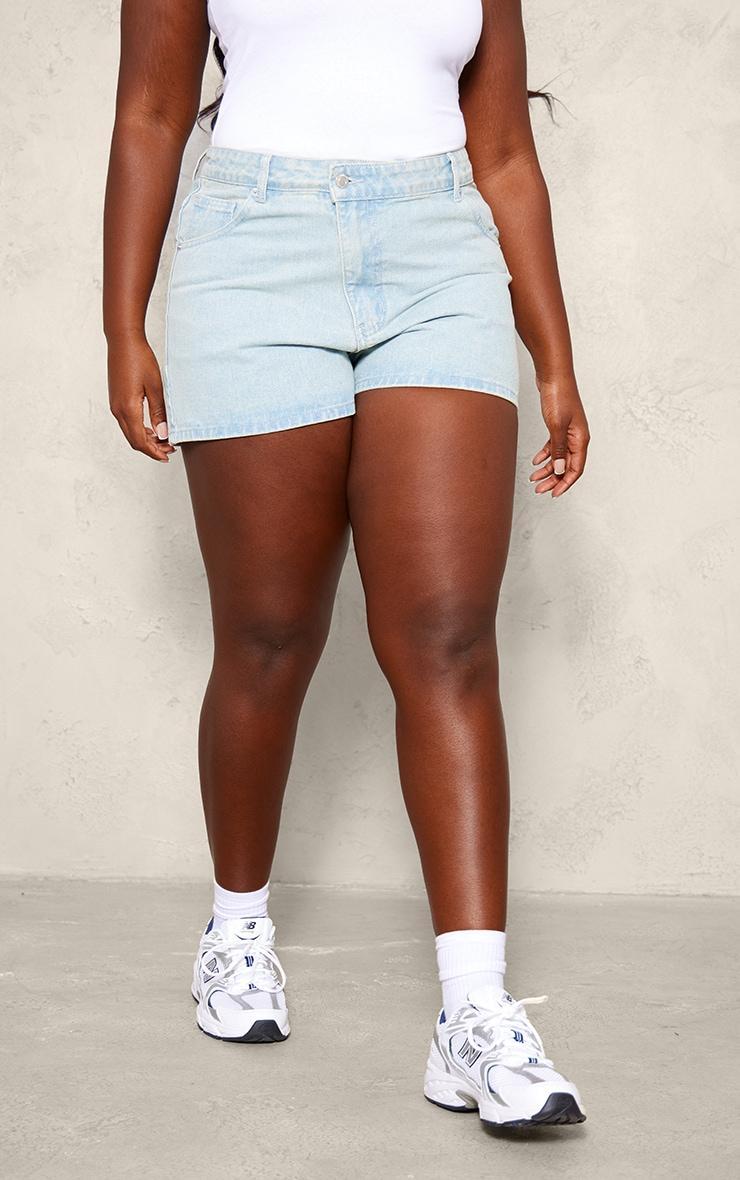 Plus Light Blue Wash Asymmetric Waistband Boyfriend Shorts Product Image