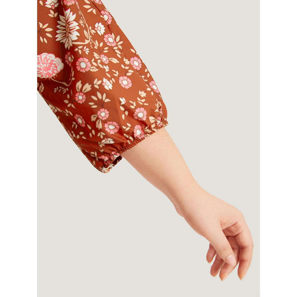 Plus Size Floral Print Elastic Cuffs Button Detail Dress Rust Women Vacation Elastic cuffs V-neck Half Sleeve Curvy Midi Dress BloomChic 30/6X Product Image