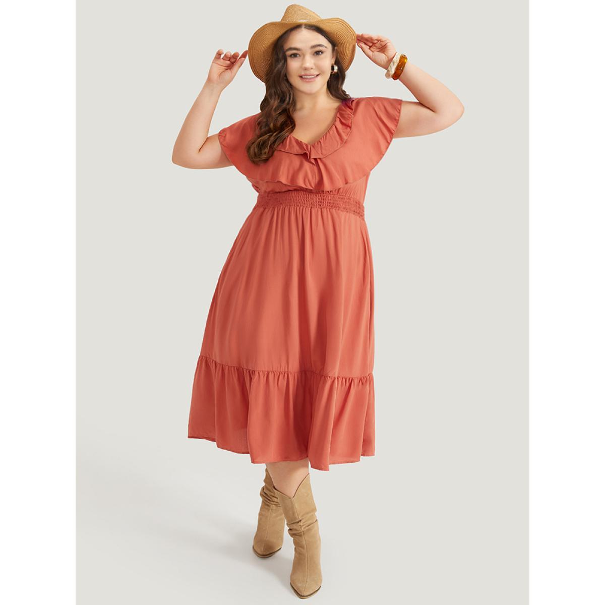 Plus Size Solid Pocket Ruffle Trim Layered Shirred Dress Coral Women Vacation Plain V-neck Sleeveless Curvy Midi Dress BloomChic 28/5X Product Image