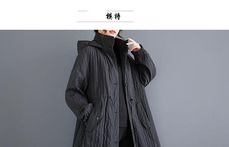Stand Collar Plain Asymmetrical Hooded Midi Single-Breasted Coat Product Image