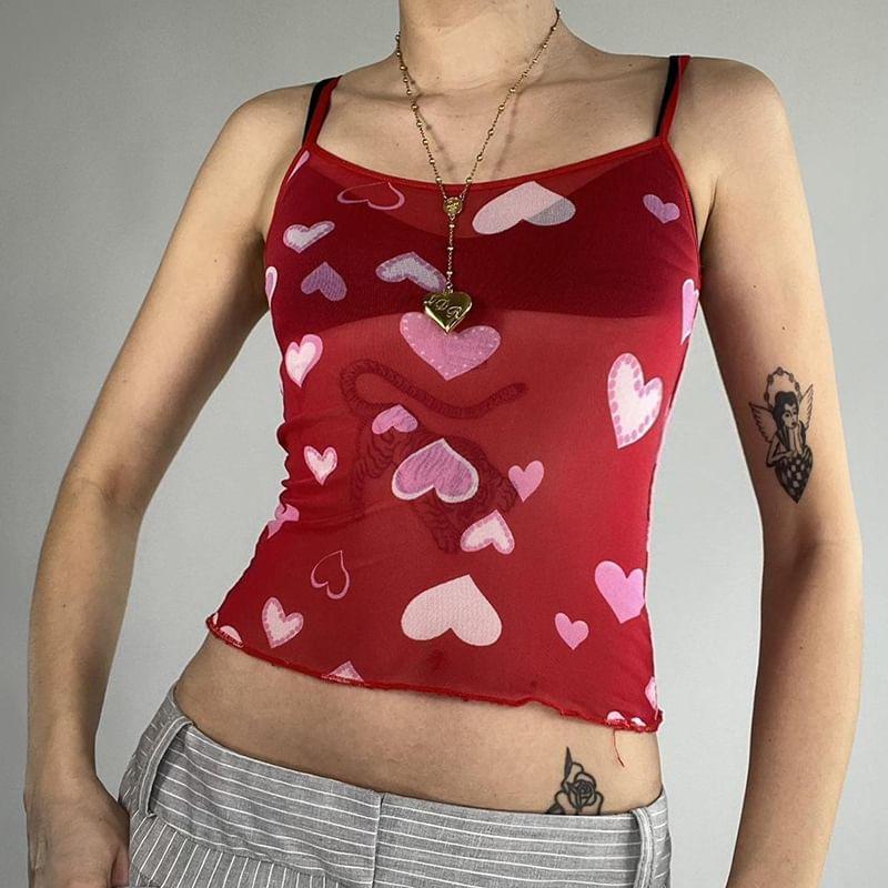 Heart Print Mesh Slim-Fit Crop Cami Top Product Image
