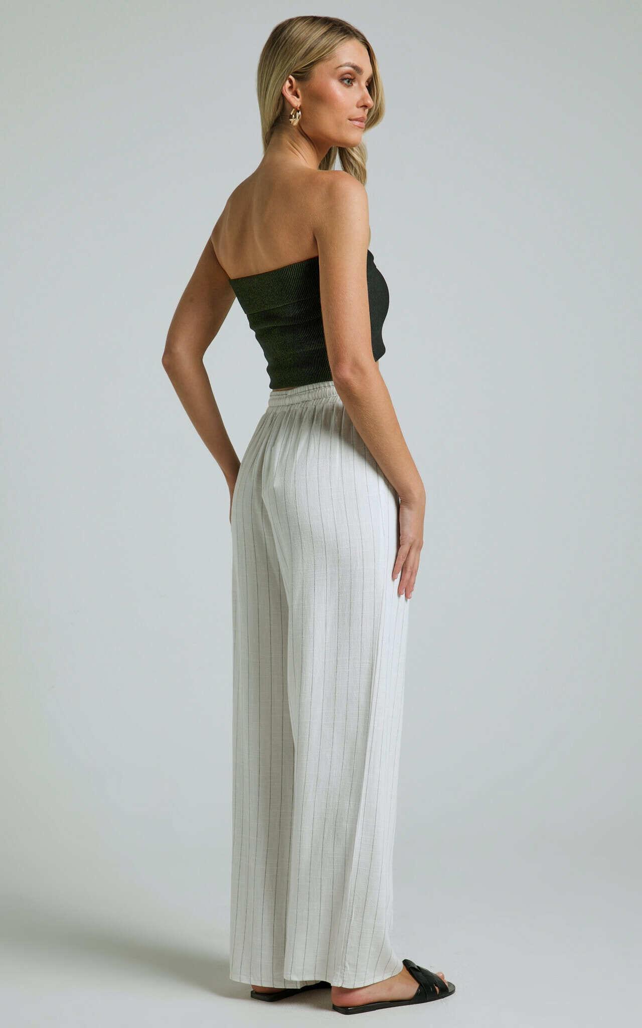 Barbra Pants - Pinstripe Linen High Waisted Relaxed Pants in White Stripe Product Image