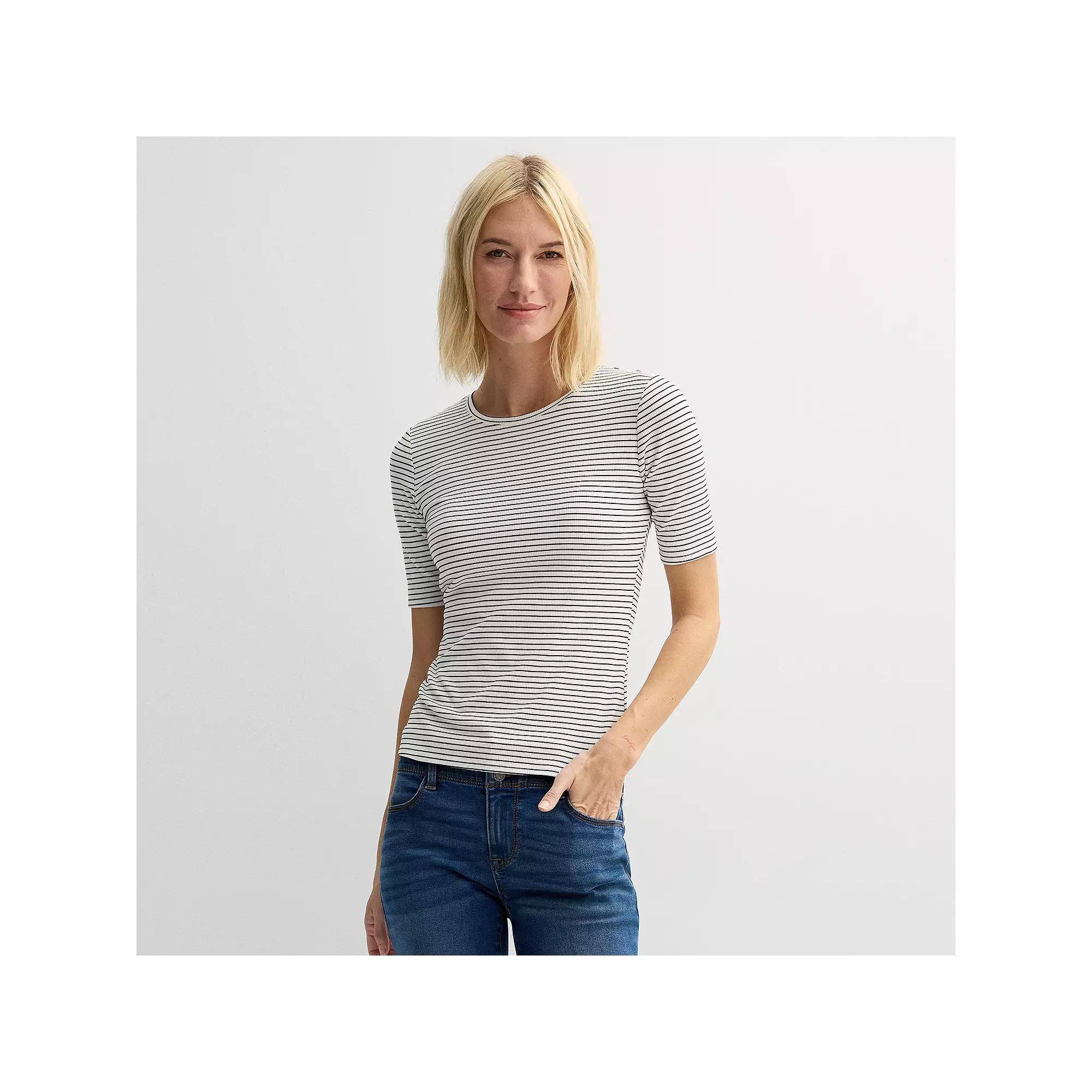 Petite Nine West Fitted Elbow Sleeve Tee, Women's, Size: Large Petite, Black White Product Image