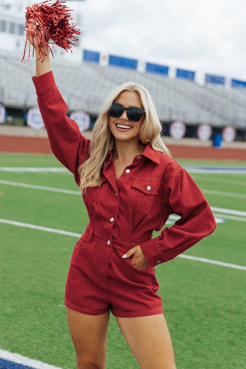 Red Long Sleeve Denim Romper - FINAL SALE Product Image