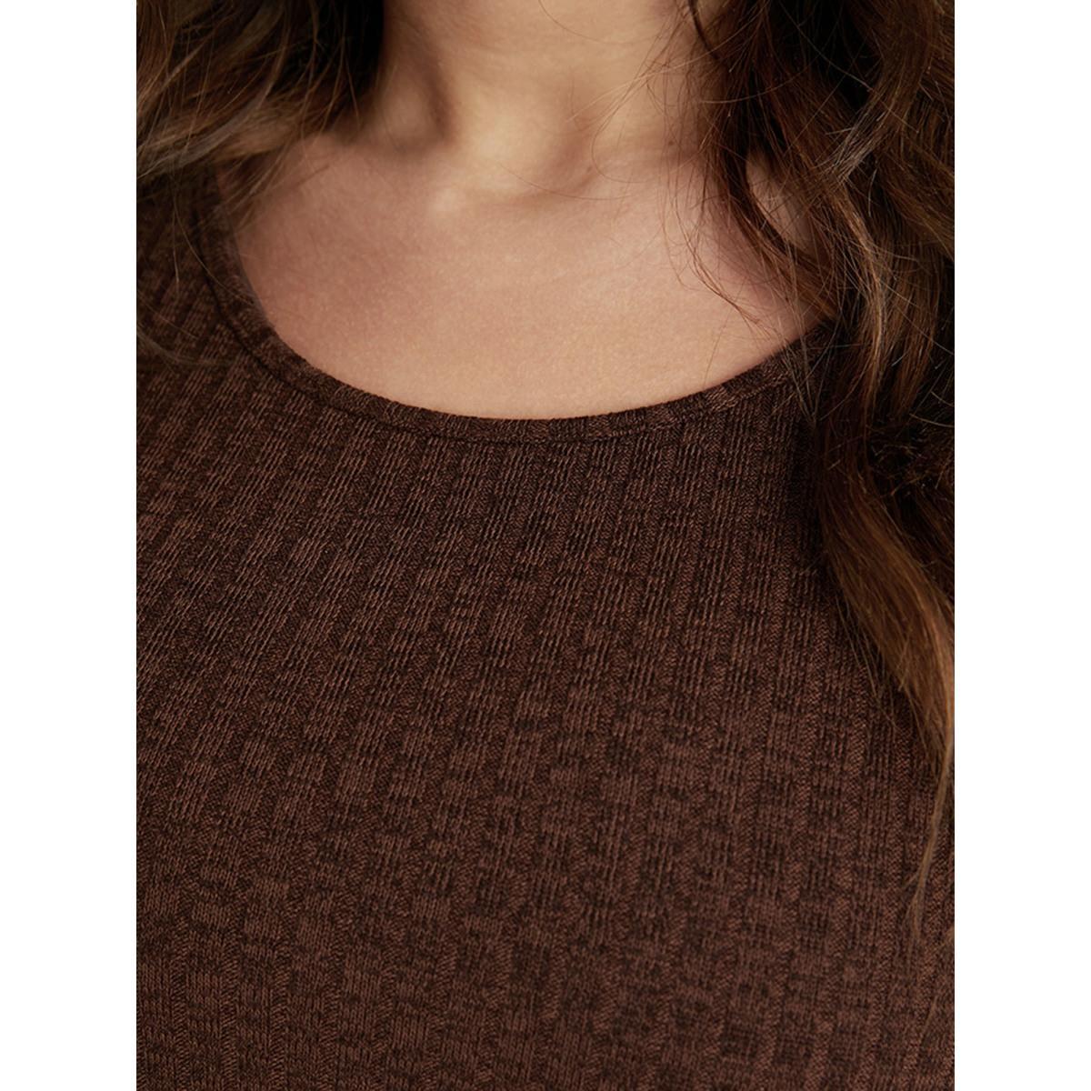 Plus Size Solid Pocket Rib Knit Ruffle Hem Dress Without Belt ArmyGreen Women Basics Non Round Neck Long Sleeve Curvy Midi Dress BloomChic 14-16/1X Product Image