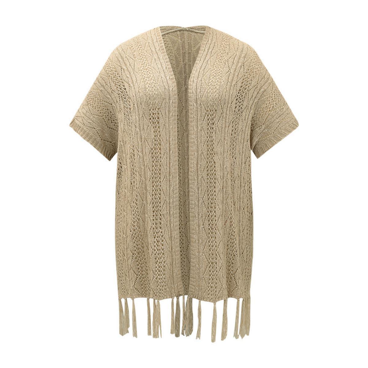 Plus Size Solid Fringe Trim Geometric Eyelet Batwing Sleeve Cardigan Tan Women Casual Loose Long Sleeve Dailywear Cardigans BloomChic 28/5X Product Image