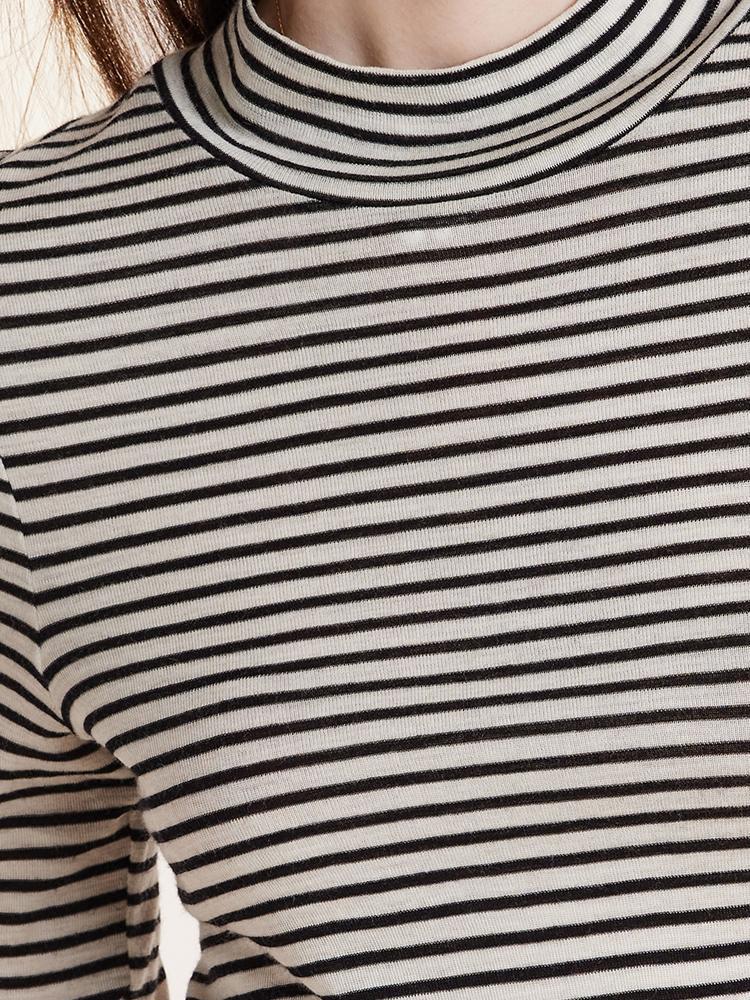 Washable Wool Striped Mock Neck Slim Women Sweater Product Image