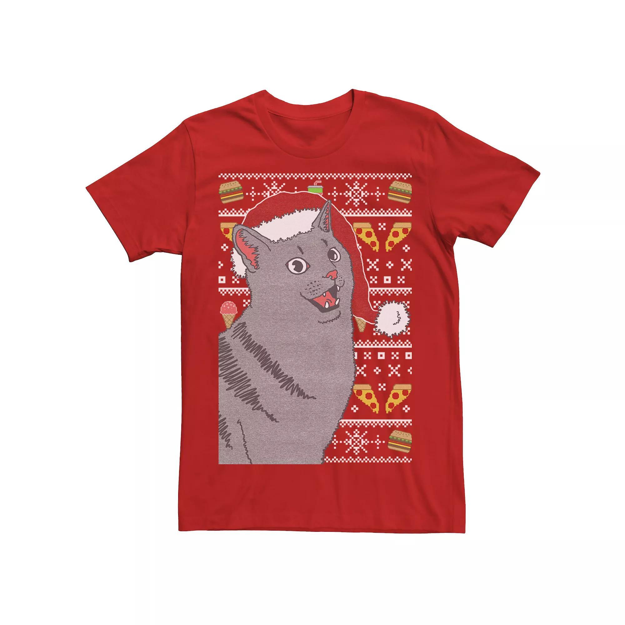 Men's Surprised Cat In Santa Hat Knit Style Graphic Tee, Size: XXL, Red Product Image