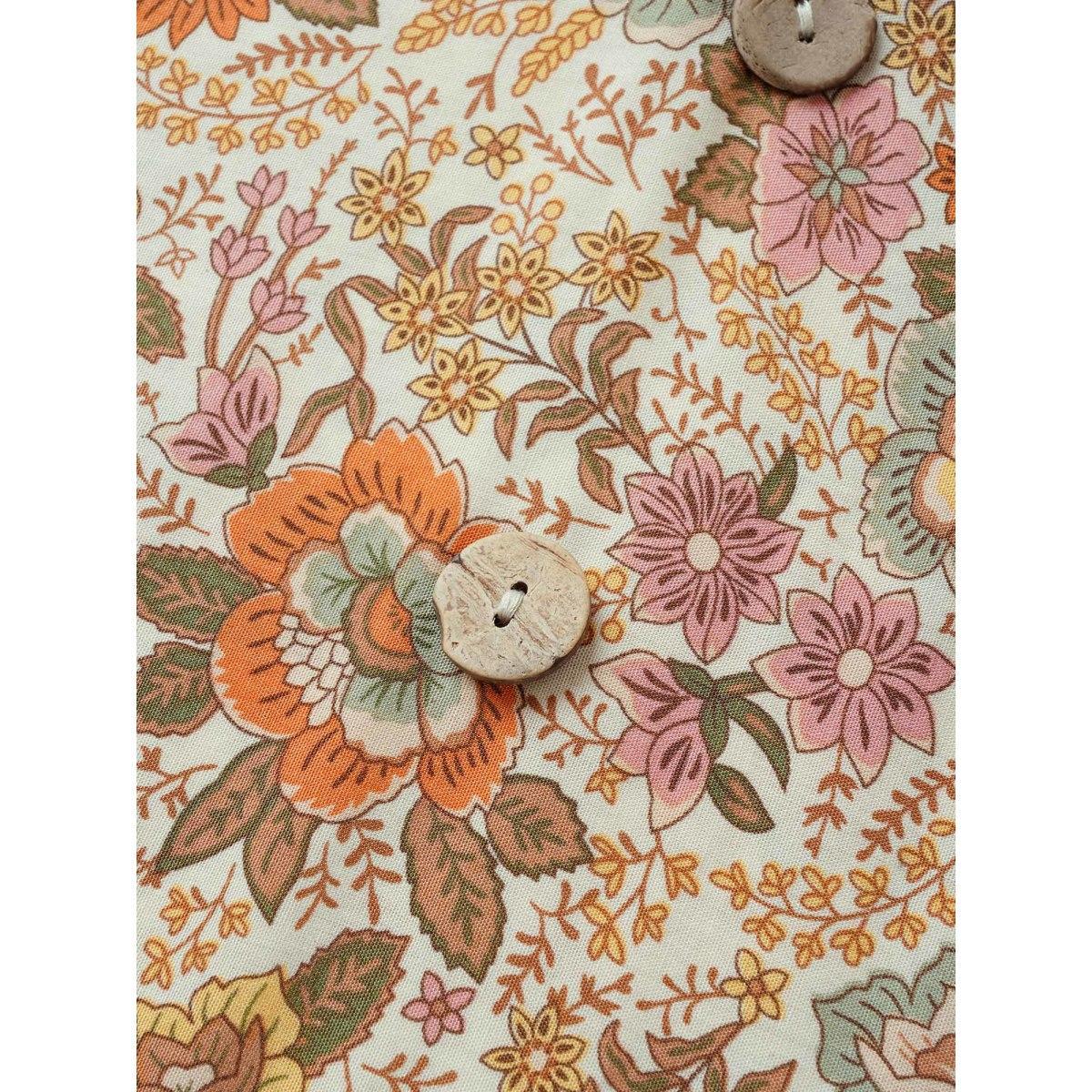 Plus Size Apricot Rayon Boho Print Button Detail Tie Neck Blouse Women Resort Elbow-length sleeve Notched collar Vacation Blouses BloomChic 30/6X Product Image