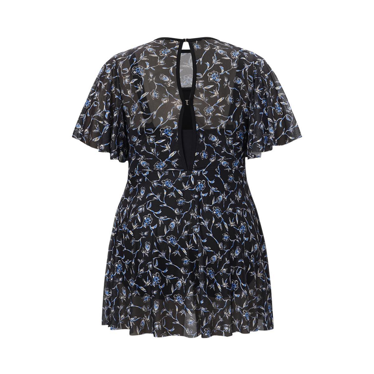 Plus Size Ditsy Floral Ruffle Sleeve Cut Out Swim Dress Women's Swimwear BlackFlower Beach Bodycon Round Neck High stretch Curve Swim Dresses BloomChic 12/L Product Image
