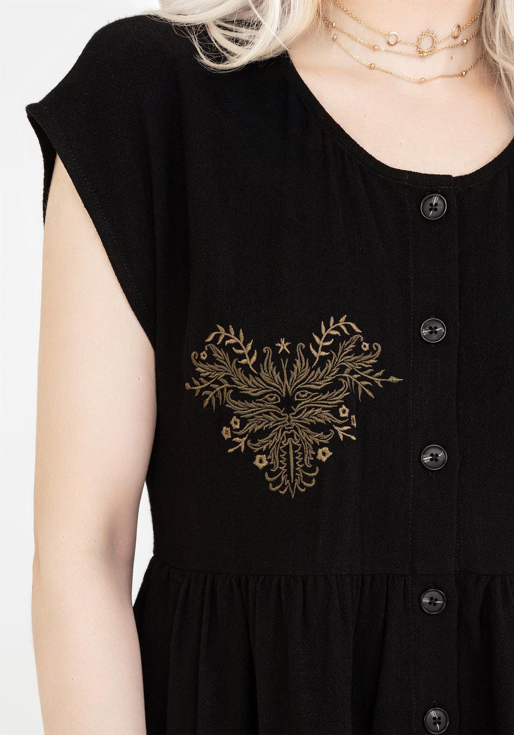 Foliate Linen-Blend Embroidered Button Up Mini Dress - Black Product Image