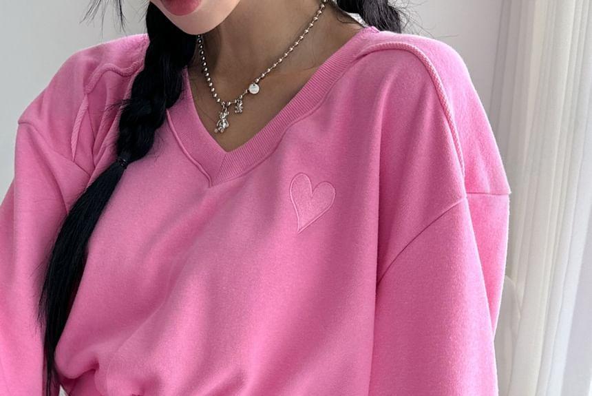 V-Neck Plain Heart Embroidered Crop Sweatshirt Product Image