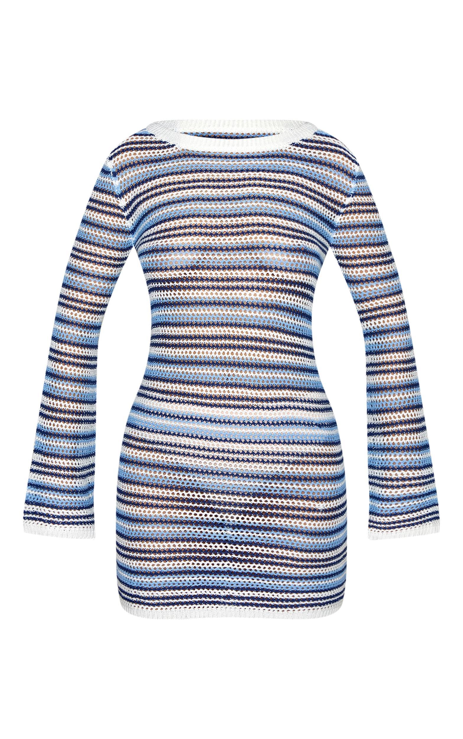 Blue Stripe Crochet Knit Mini Dress Product Image