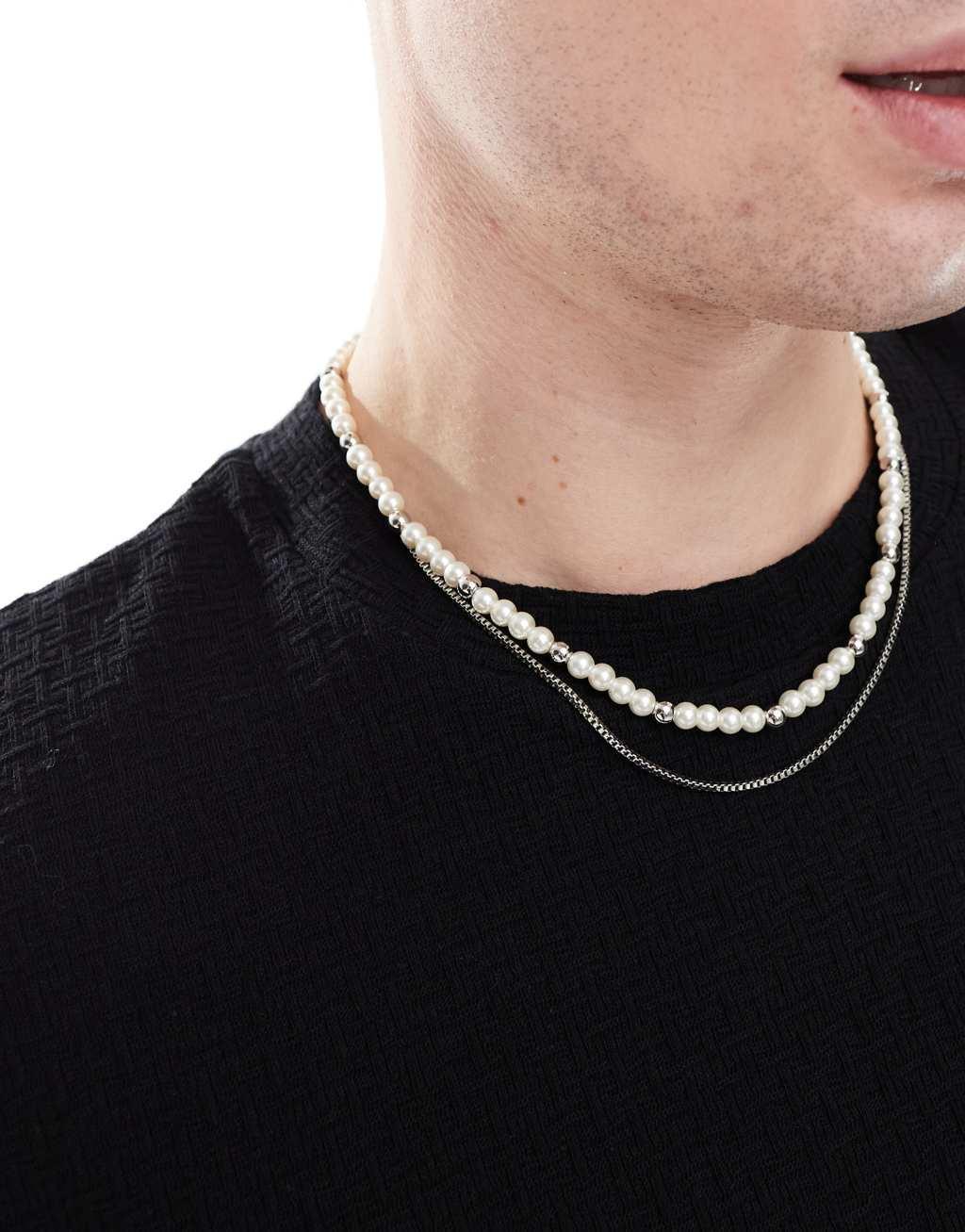 ASOS DESIGN 2-pack faux pearl necklaces with chain in silver tone Product Image