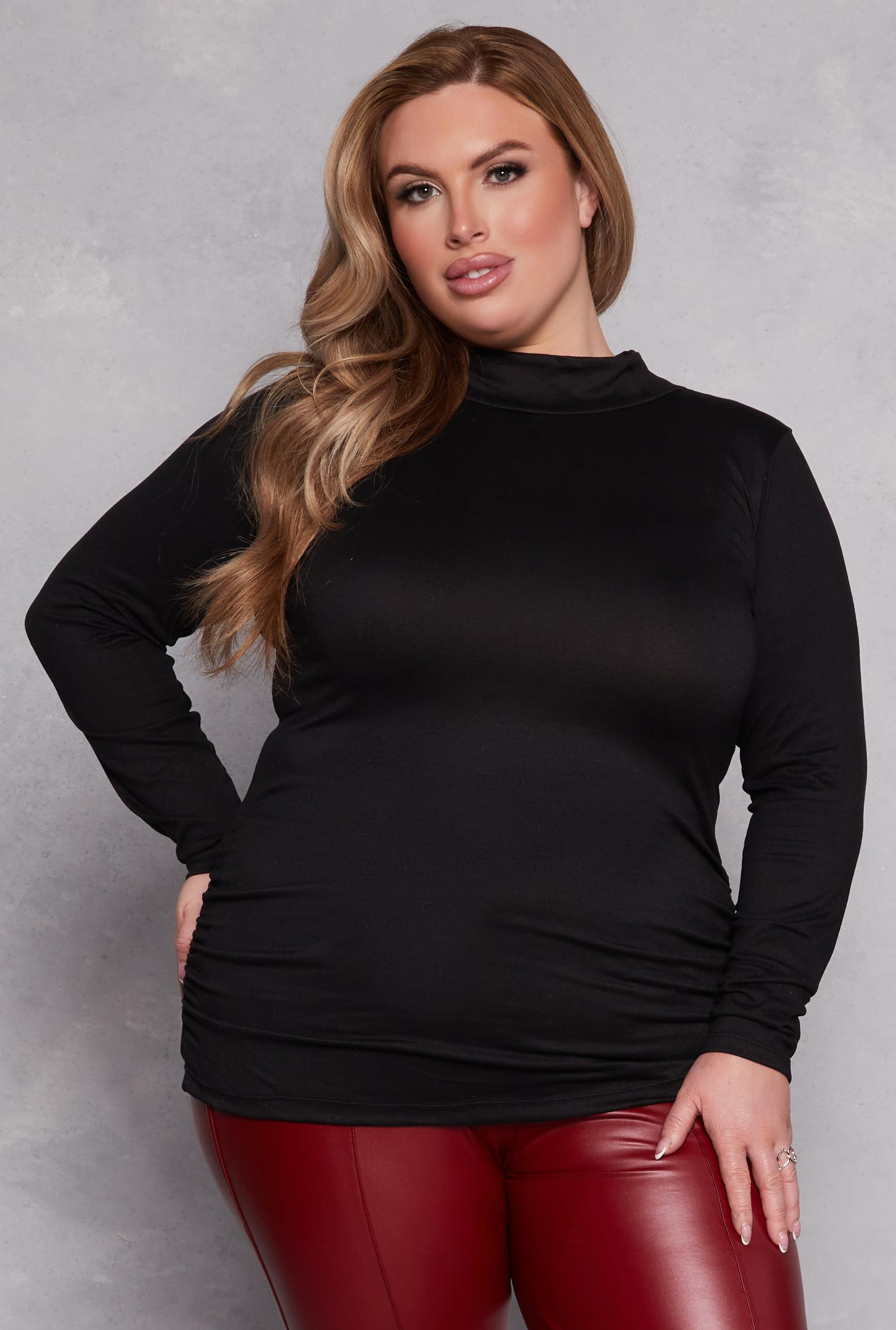 Womens Plus Size Soft Knit Ruched Mock Neck Top Product Image