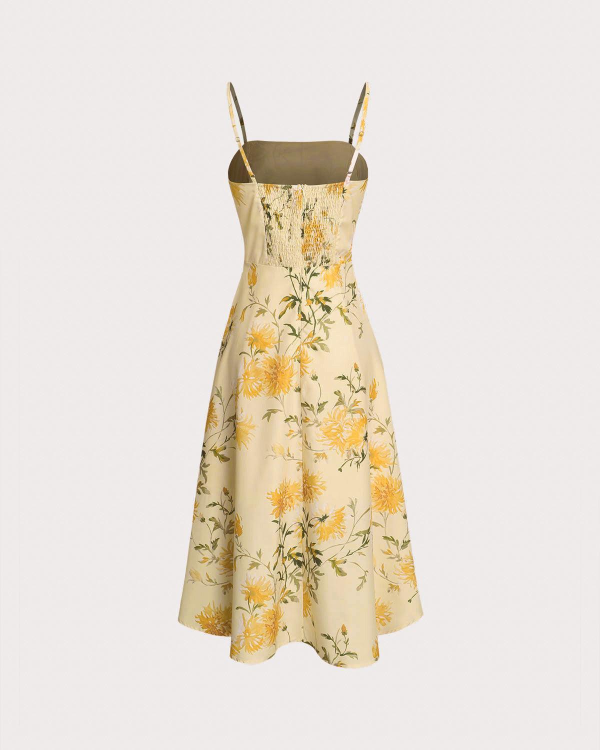 Yellow Floral Shirred Slip Midi Dress Product Image