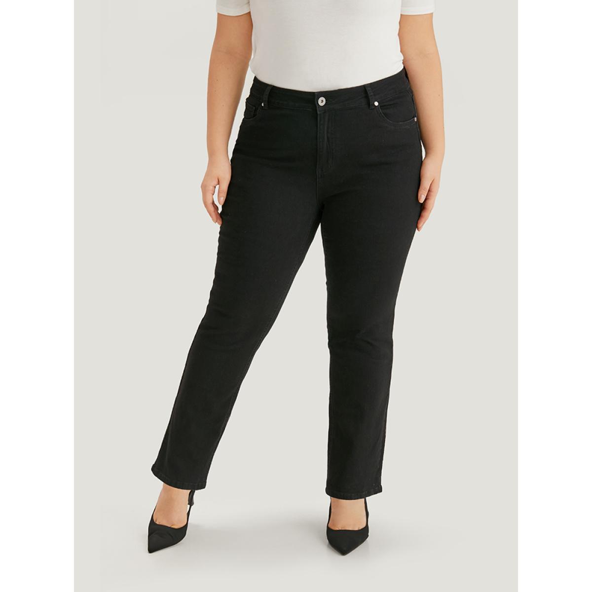 Plus Size Solid High Rise Black Wash Jeans Women Black Casual Plain Plain High stretch Pocket Jeans BloomChic 26/4X Product Image