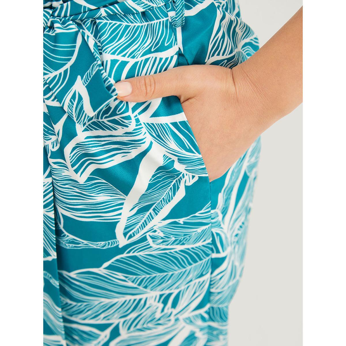 Plus Size Emerald Plant Print Button Through Pocket Belt Cami Jumpsuit Women Vacation Sleeveless Spaghetti Strap Dailywear Loose Jumpsuits BloomChic 18-20/2X Product Image