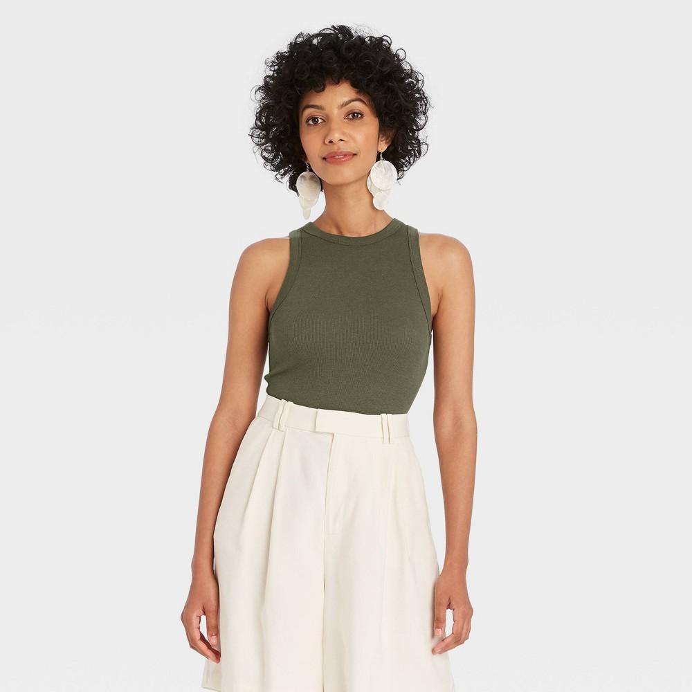 Women's Slim Fit Ribbed Tank Top - A New Day™ Olive XL: Crew Neck, Pullover, Midweight Fabric Product Image