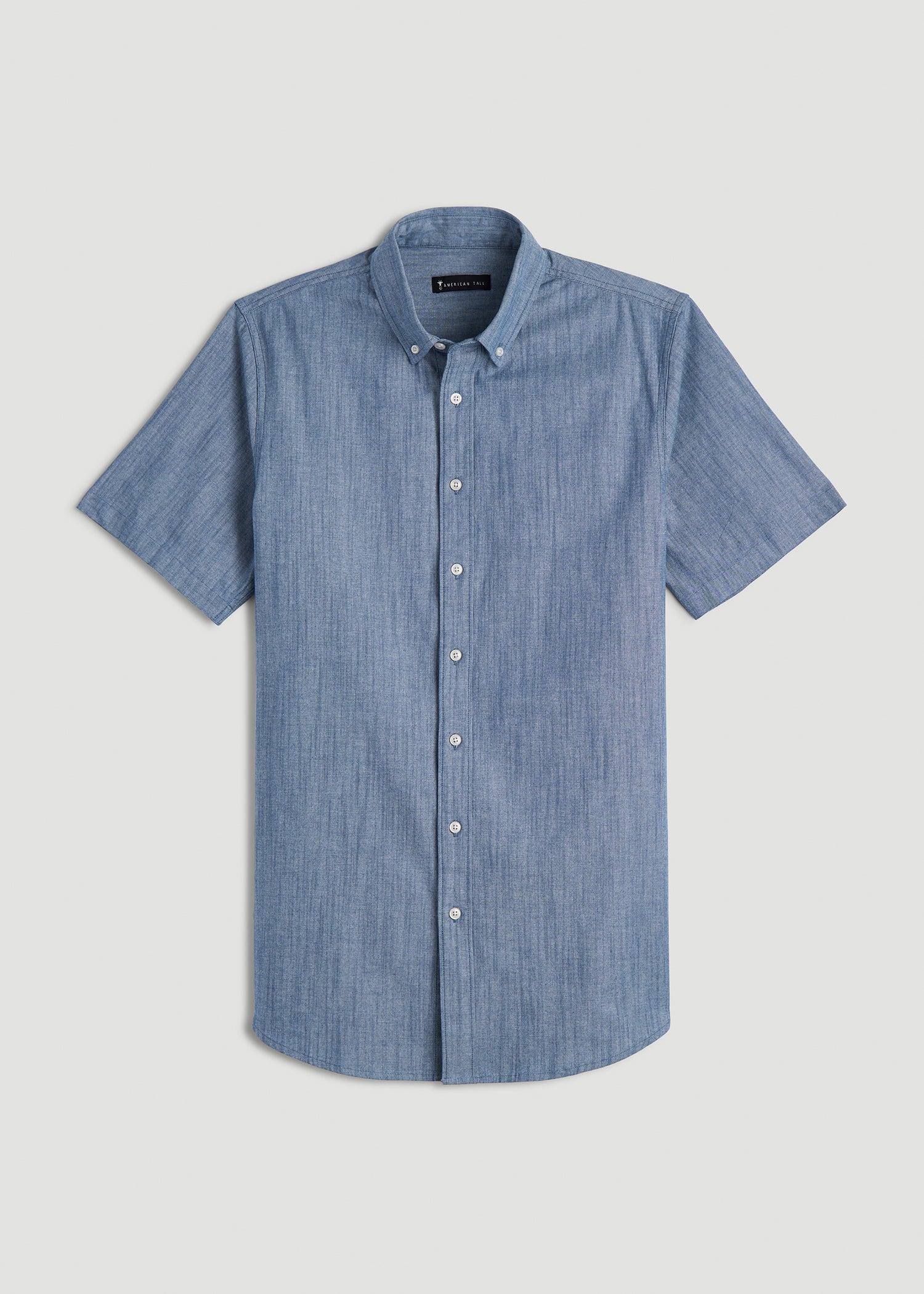 Short Sleeve Stretch Chambray Shirt for Tall Men in Medium Blue Chambray Product Image