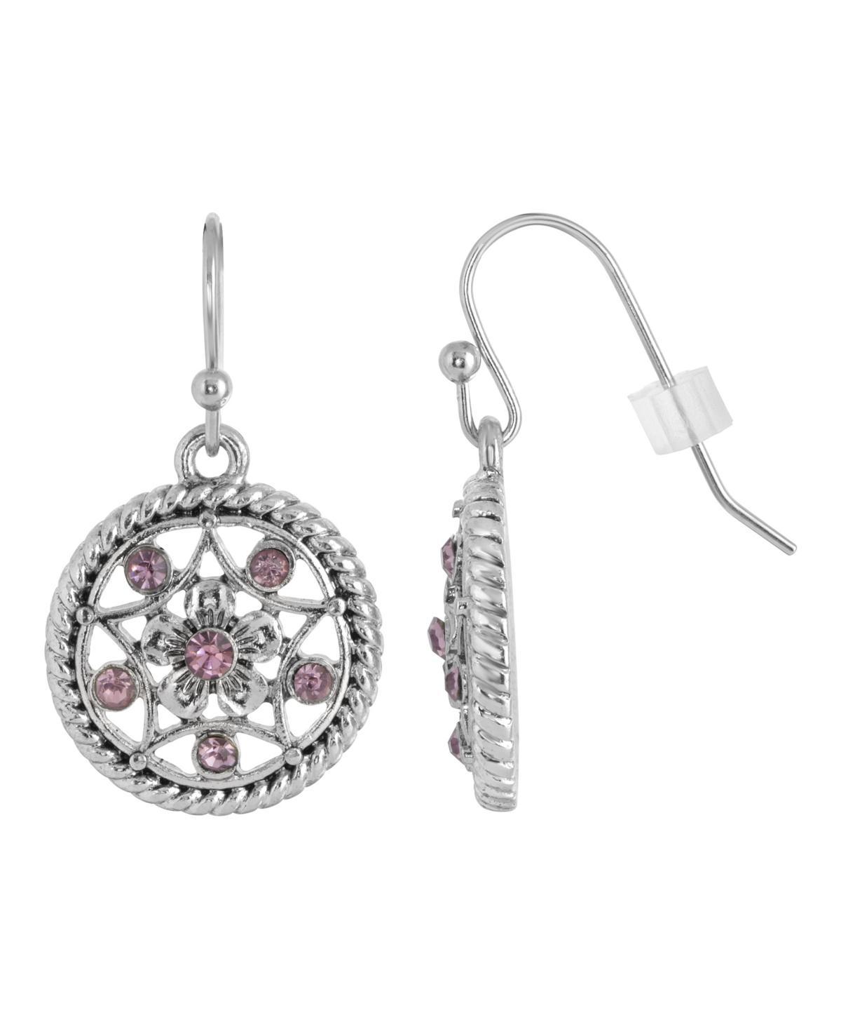 1928 Silver Tone Light Purple Round Filigree Drop Earrings, Womens Product Image