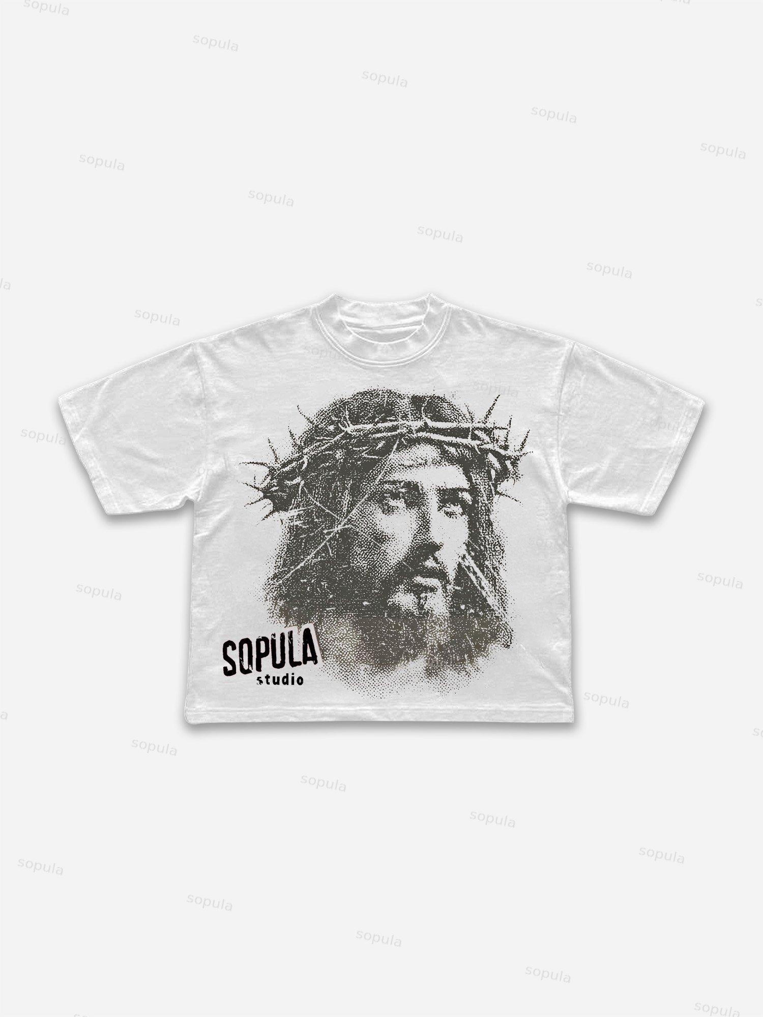 Jesus Wearing A Crown Of Thorns Print Cropped T-shirt Product Image