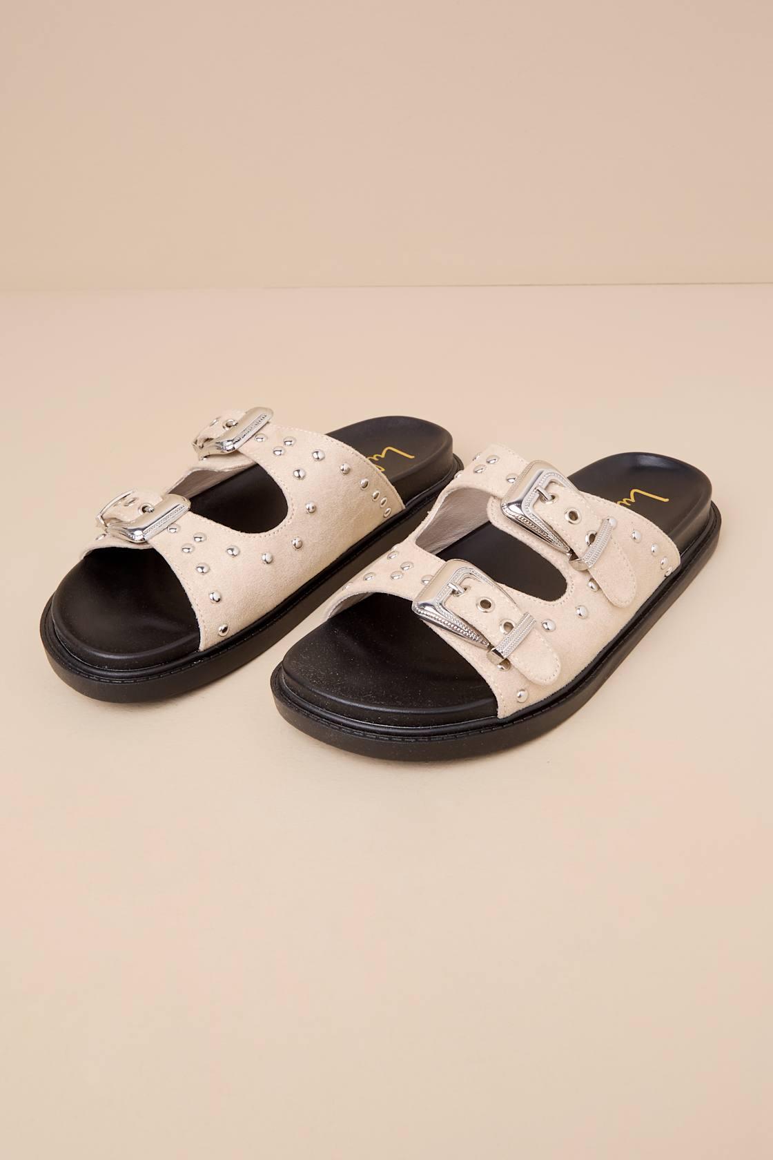 Jadah Bone Suede Studded Buckle Slide Sandals Product Image