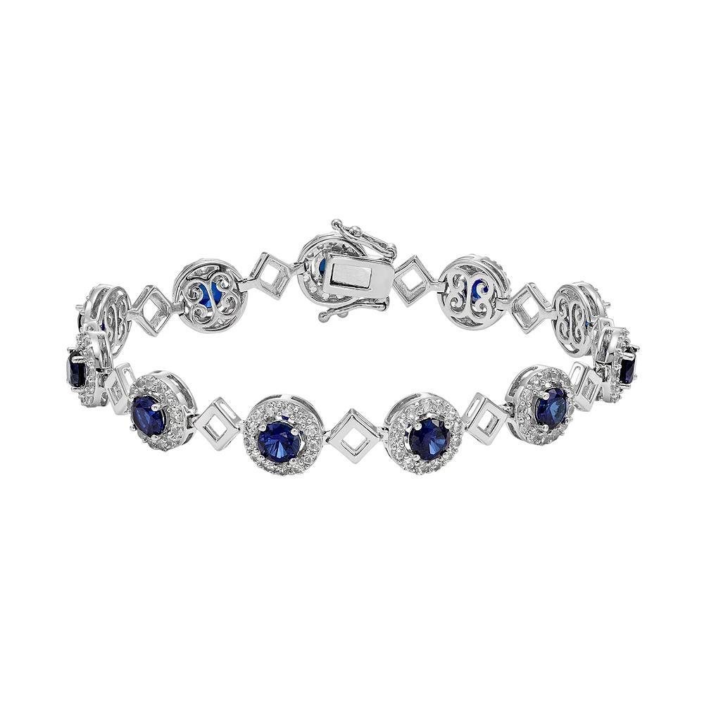 Lab-Created Blue & White Sapphire Sterling Silver Halo Bracelet, Women's, Size: 7.5" Product Image