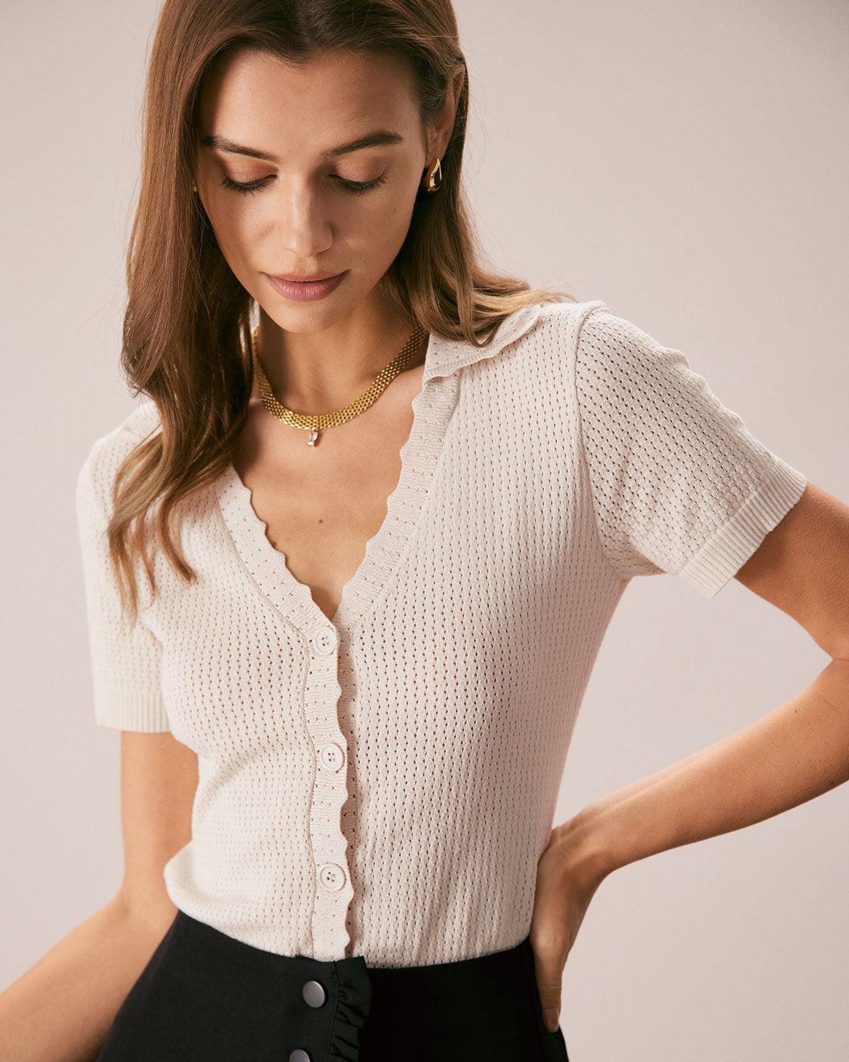 The Nude V Neck Button Pointelle Knit Tee Product Image